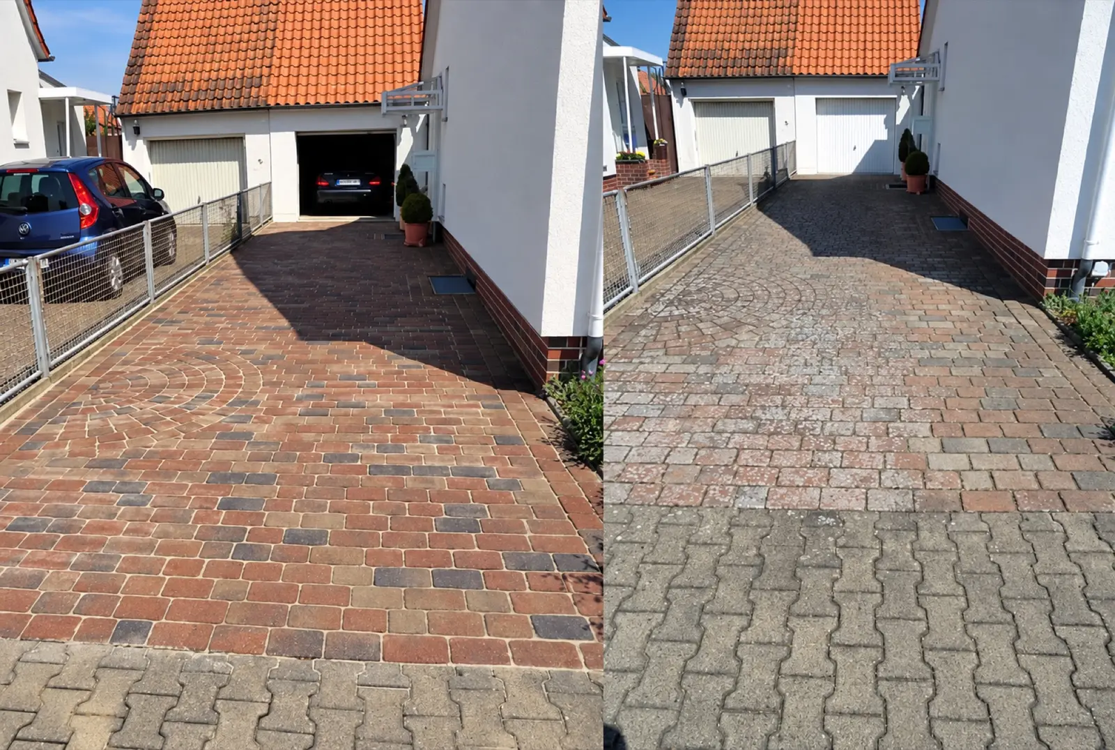 Gepflasterte Einfahrt vor und nach der Reinigung, nebeneinander