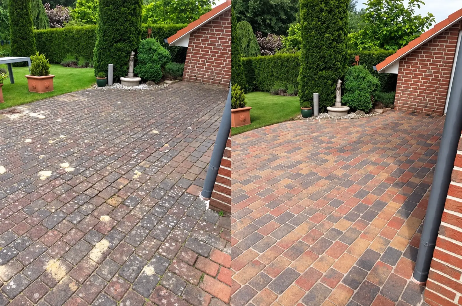 Gepflasterte Terrasse vor und nach der Reinigung, nebeneinander